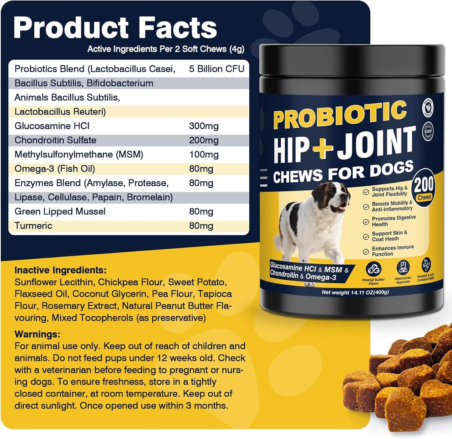 Premium Hip and Joint Chews for Dogs - 200 Count with Probiotics, Glucosamine, and Omega-3 for Optimal Health