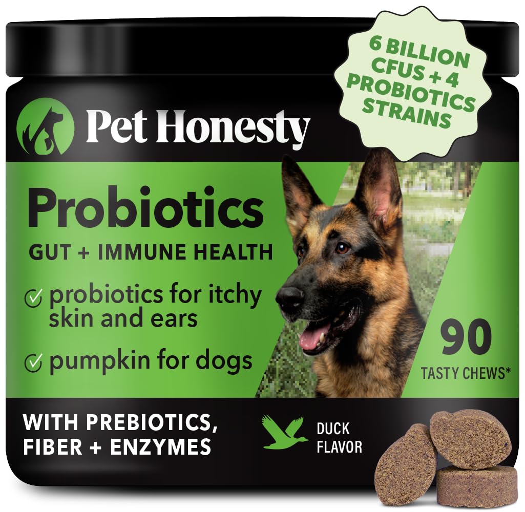 Pet Honesty Probiotics for Dogs Dog Probiotics for Diarrhea & Bowel Support Digestive Enzymes Promotes Gut Health Immunity Health & Itch Relief Prebiotics and Probiotics (Duck 90 ct)