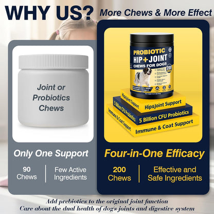 Premium Hip and Joint Chews for Dogs - 200 Count with Probiotics, Glucosamine, and Omega-3 for Optimal Health