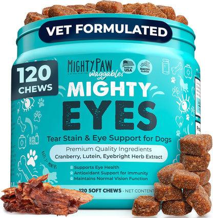 Mighty Eyes Tear Stain Chews for Dogs - Delicious Bacon Flavor, 120 Count, Vet Formulated and Made in the USA