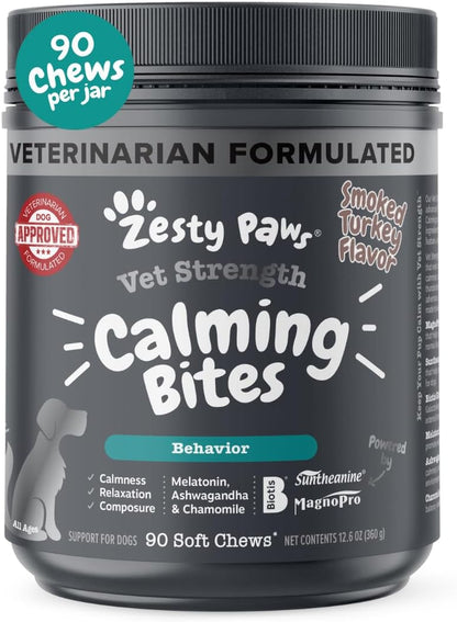 Zesty Paws Vet Strength Calming Chews for Dogs - Soothing Soft Chews with Smoked Turkey Flavor, 90 Count