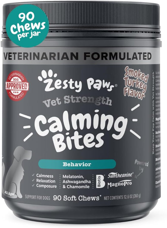 Zesty Paws Vet Strength Calming Chews for Dogs - Soothing Soft Chews with Smoked Turkey Flavor, 90 Count