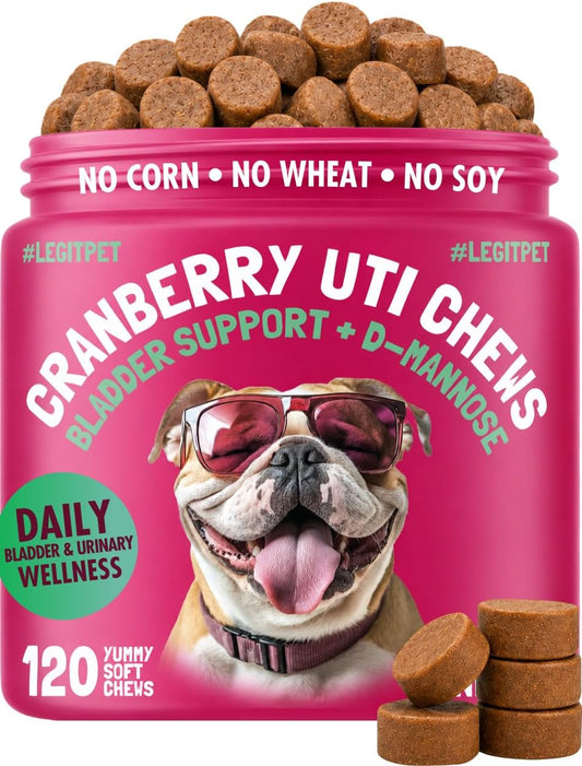 Cranberry UTI Chews for Dogs Bladder Support + D-Mannose Supports Kidney Urinary Tract and Bladder Health Natural Cranberry Wellness Supplement Immune System Booster Natural Pet Antioxidant 120 Chews
