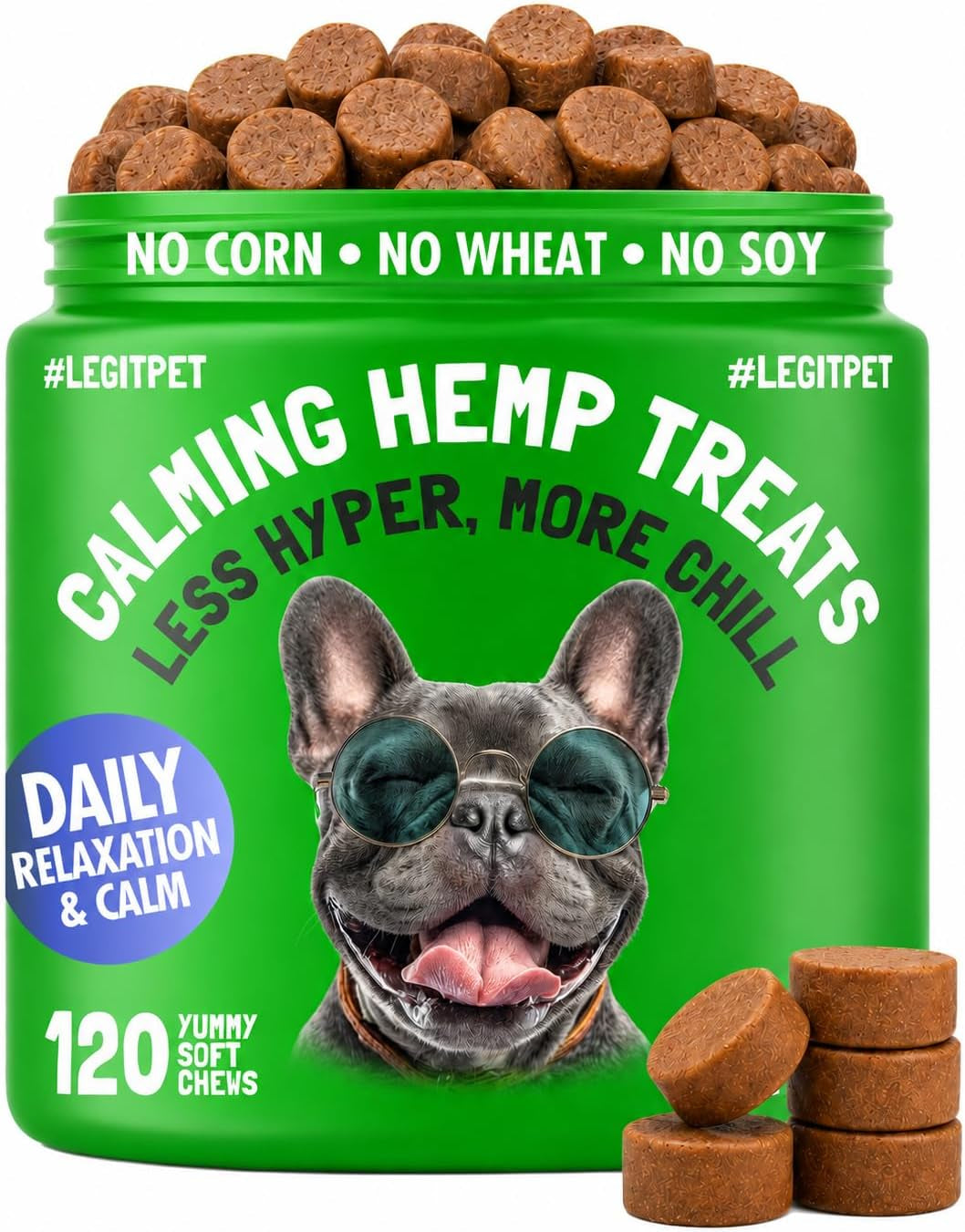 Calming Hemp Treats for Dogs Made in USA Organic Hemp Natural Separation Aid Helps Barking, Chewing, Thunder, Fireworks, Aggressive Behavior Soothing Stress Relief Natural Relaxation 120 Chews