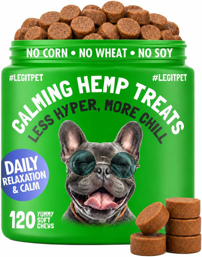 Calming Hemp Treats for Dogs Made in USA Organic Hemp Natural Separation Aid Helps Barking, Chewing, Thunder, Fireworks, Aggressive Behavior Soothing Stress Relief Natural Relaxation 120 Chews