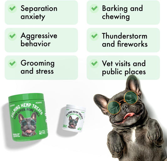 Calming Hemp Treats for Dogs Made in USA Organic Hemp Natural Separation Aid Helps Barking, Chewing, Thunder, Fireworks, Aggressive Behavior Soothing Stress Relief Natural Relaxation 120 Chews