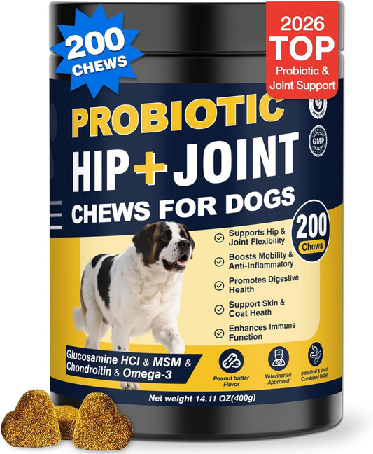 Premium Hip and Joint Chews for Dogs - 200 Count with Probiotics, Glucosamine, and Omega-3 for Optimal Health