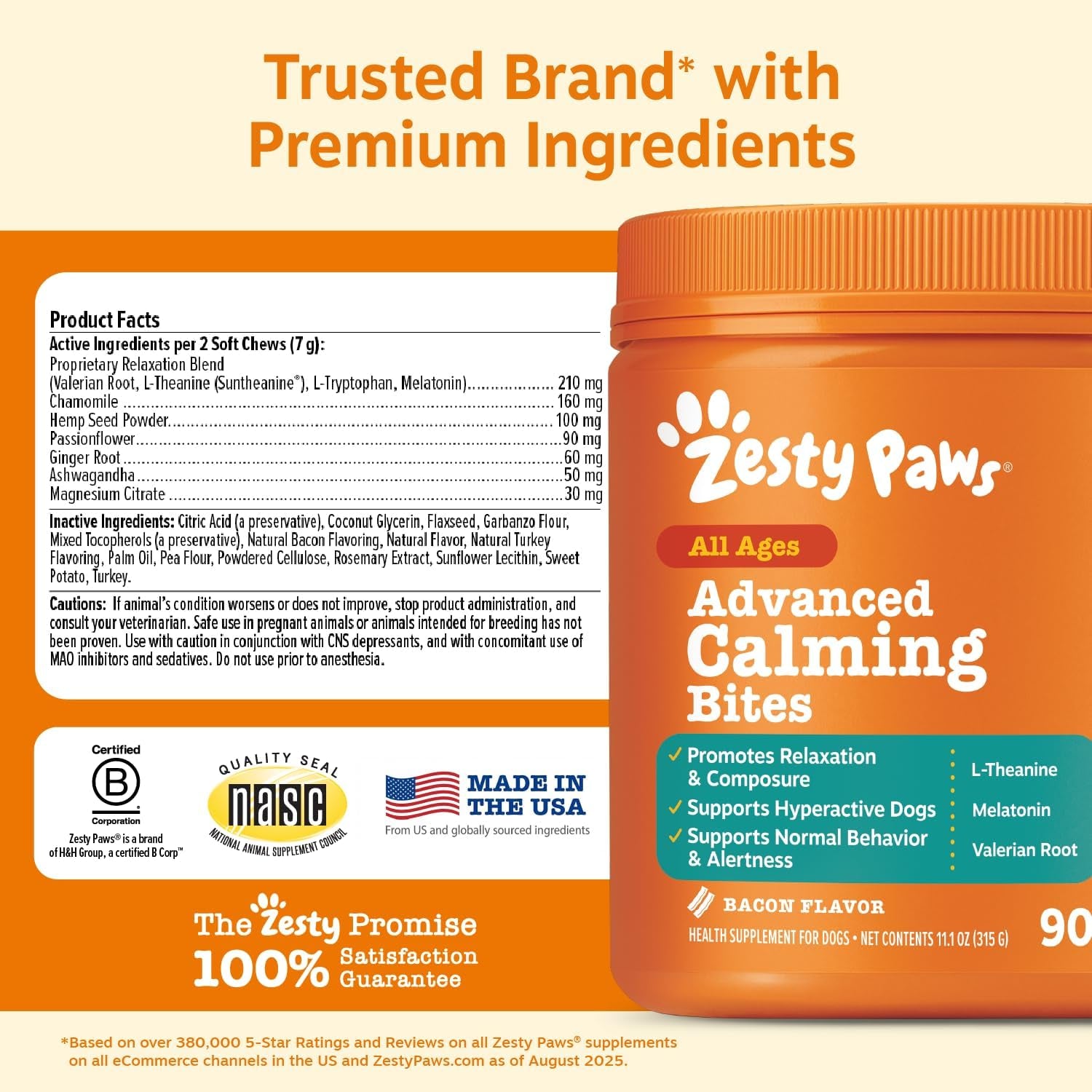 Zesty Paws Vet Strength Calming Chews for Dogs - Soothing Soft Chews with Smoked Turkey Flavor, 90 Count