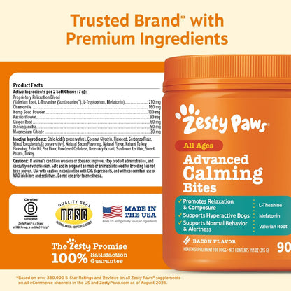 Zesty Paws Vet Strength Calming Chews for Dogs - Soothing Soft Chews with Smoked Turkey Flavor, 90 Count