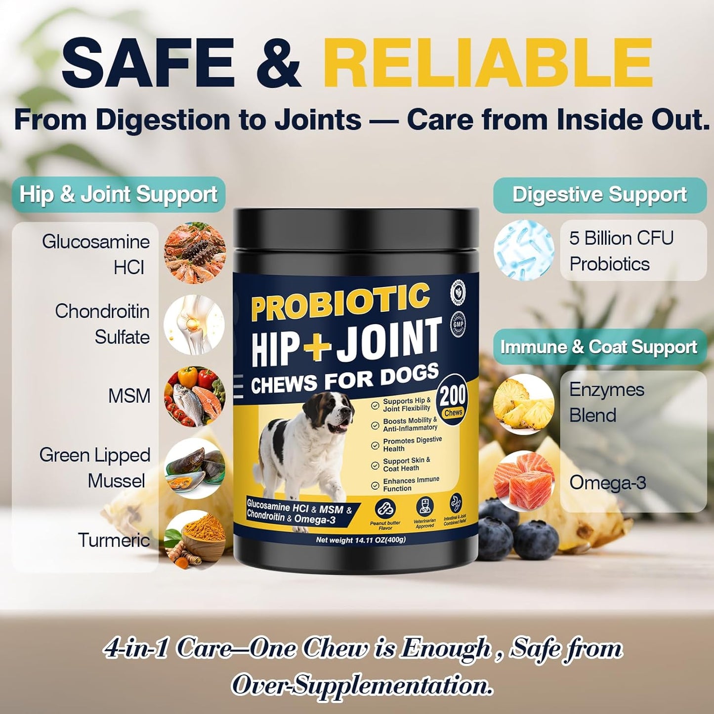 Premium Hip and Joint Chews for Dogs - 200 Count with Probiotics, Glucosamine, and Omega-3 for Optimal Health